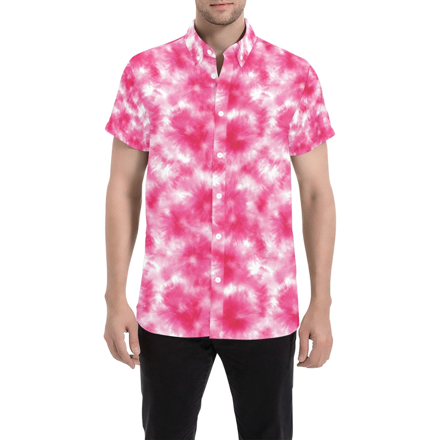 Tie Dye Pink Print Design LKS304 Men Short Sleeve Button Up Shirt