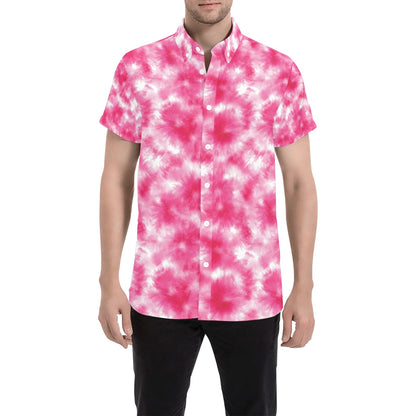 Tie Dye Pink Print Design LKS304 Men Short Sleeve Button Up Shirt