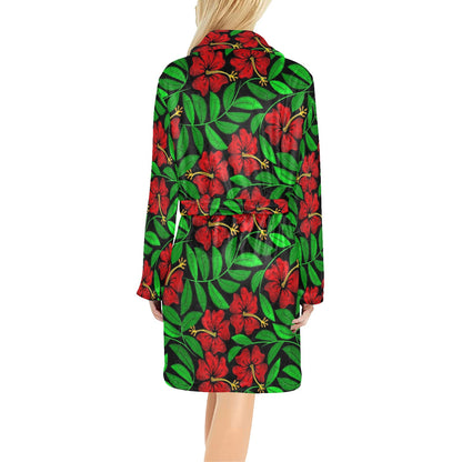 Red Hibiscus Embroidered Pattern Print Design HB032 Women's Fleece Robe