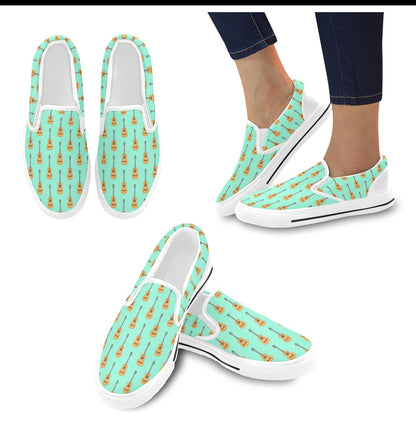 Acoustic Guitar Print Design LKS403 White Slip Ons Canvas Women's Shoes