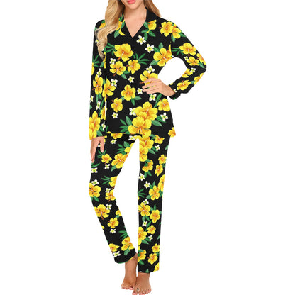 Yellow Hibiscus Pattern Print Design HB08 Women's Long Pajama Set