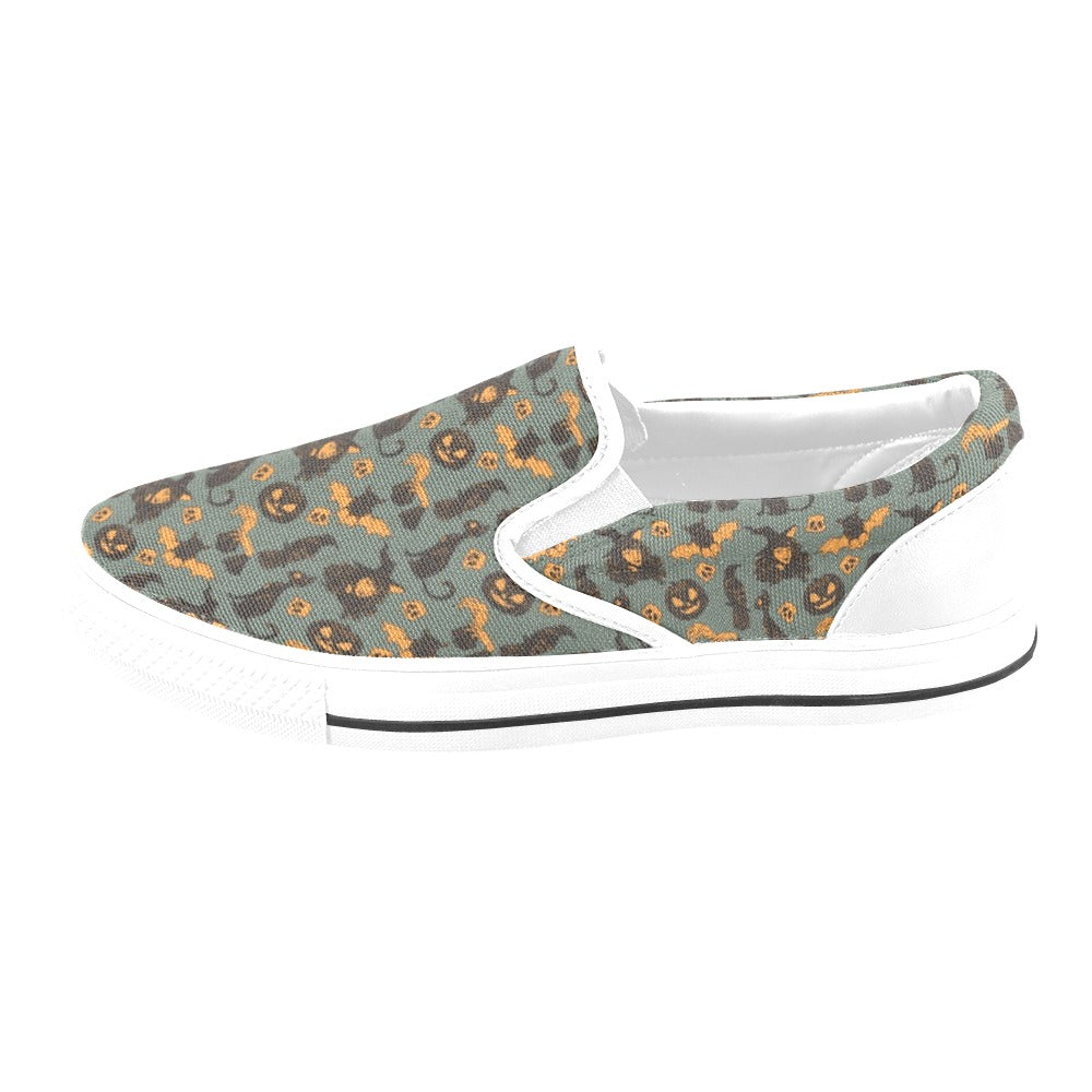Witch Bat Halloween Print Design LKS305 White Slip Ons Canvas Women's Shoes
