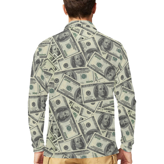 Dollar Pattern Print Design DO02 Long Sleeve Polo Shirt For Men's