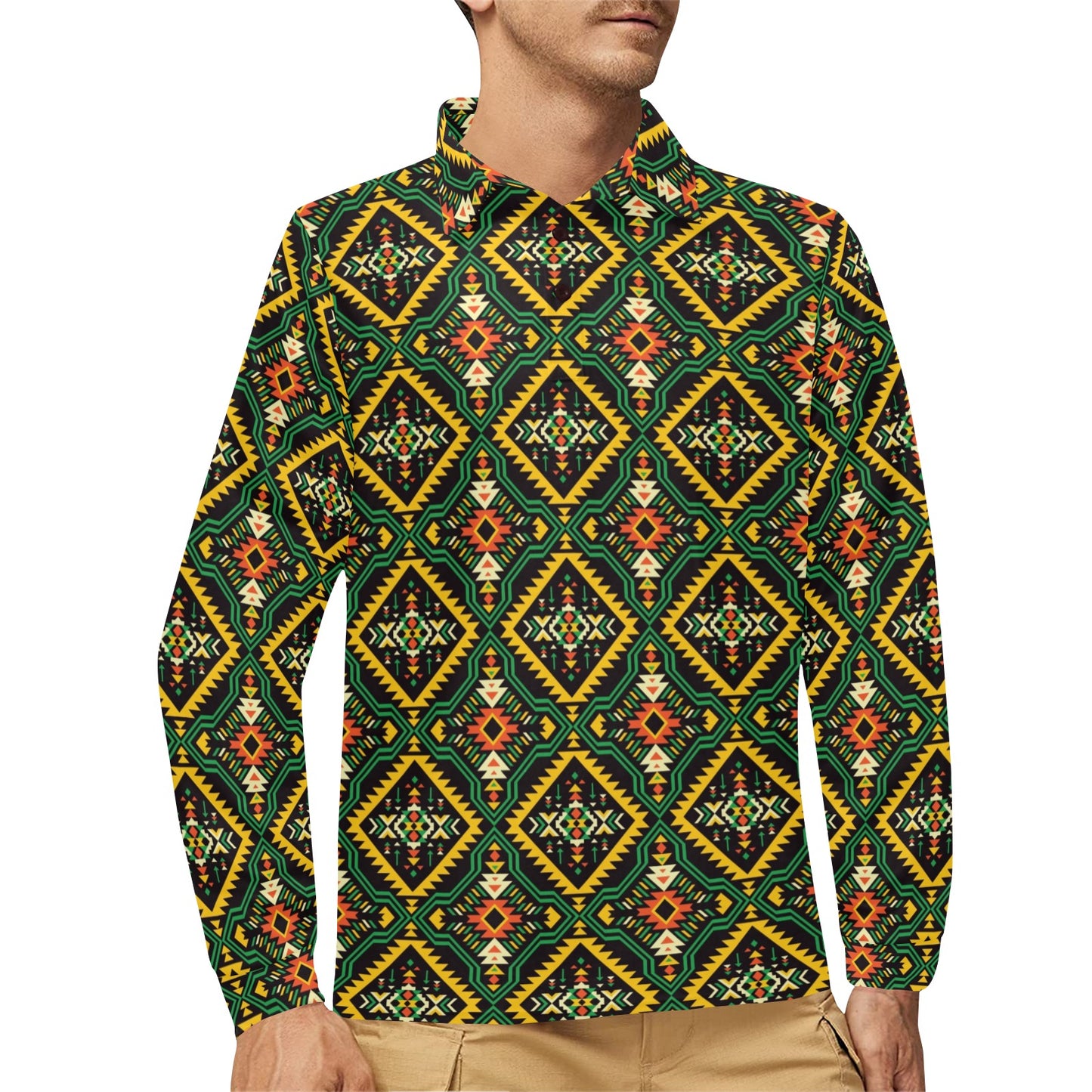 Kente Green Design African Print Long Sleeve Polo Shirt For Men's