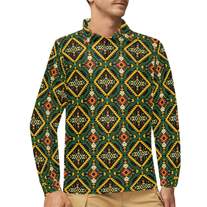 Kente Green Design African Print Long Sleeve Polo Shirt For Men's