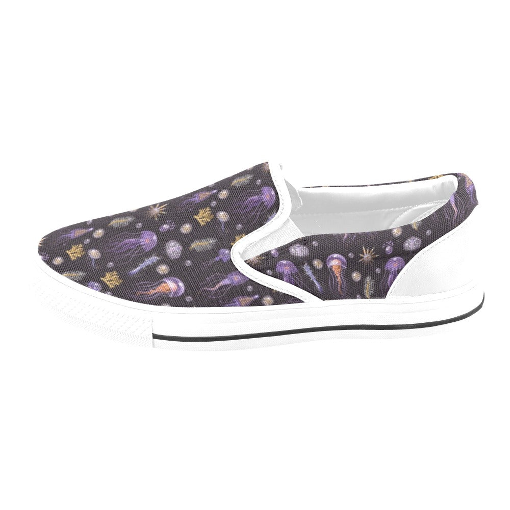 Seaweed With Jelly Fish Print Design LKS305 White Slip Ons Canvas Women's Shoes