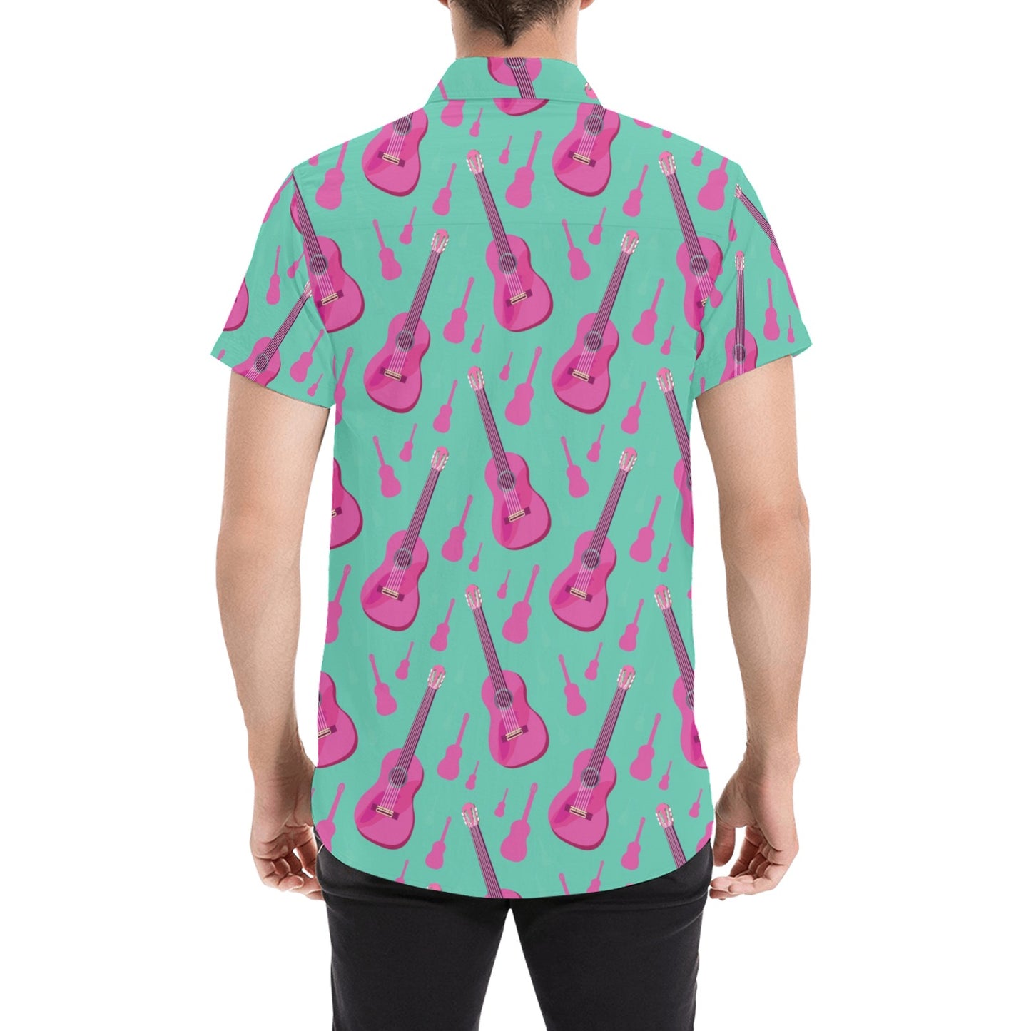 Acoustic Guitar Print Design LKS405 Men Short Sleeve Button Up Shirt