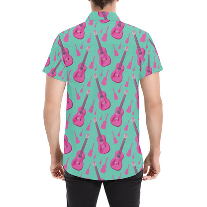 Acoustic Guitar Print Design LKS405 Men Short Sleeve Button Up Shirt