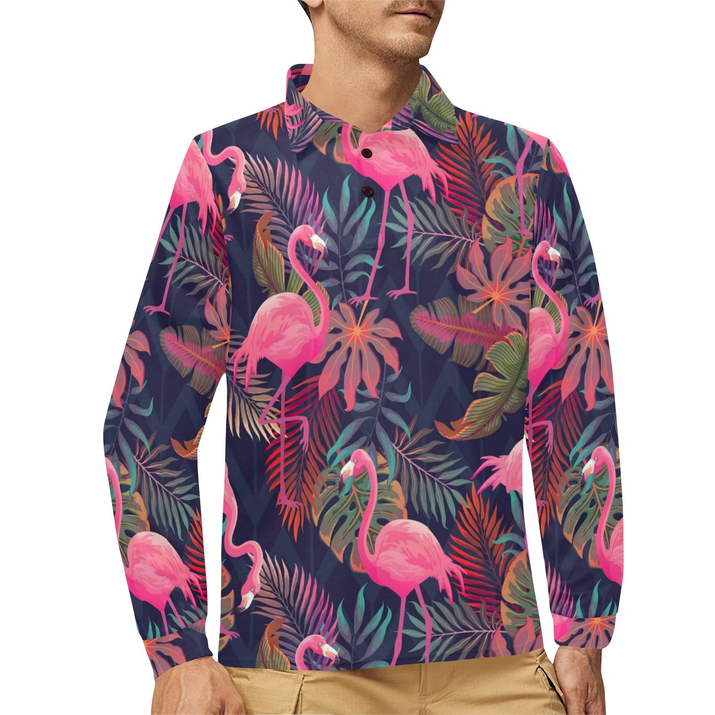 Flamingo Tropical Pattern Long Sleeve Polo Shirt For Men's