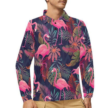 Flamingo Tropical Pattern Long Sleeve Polo Shirt For Men's