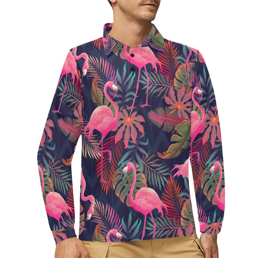 Flamingo Tropical Pattern Long Sleeve Polo Shirt For Men's
