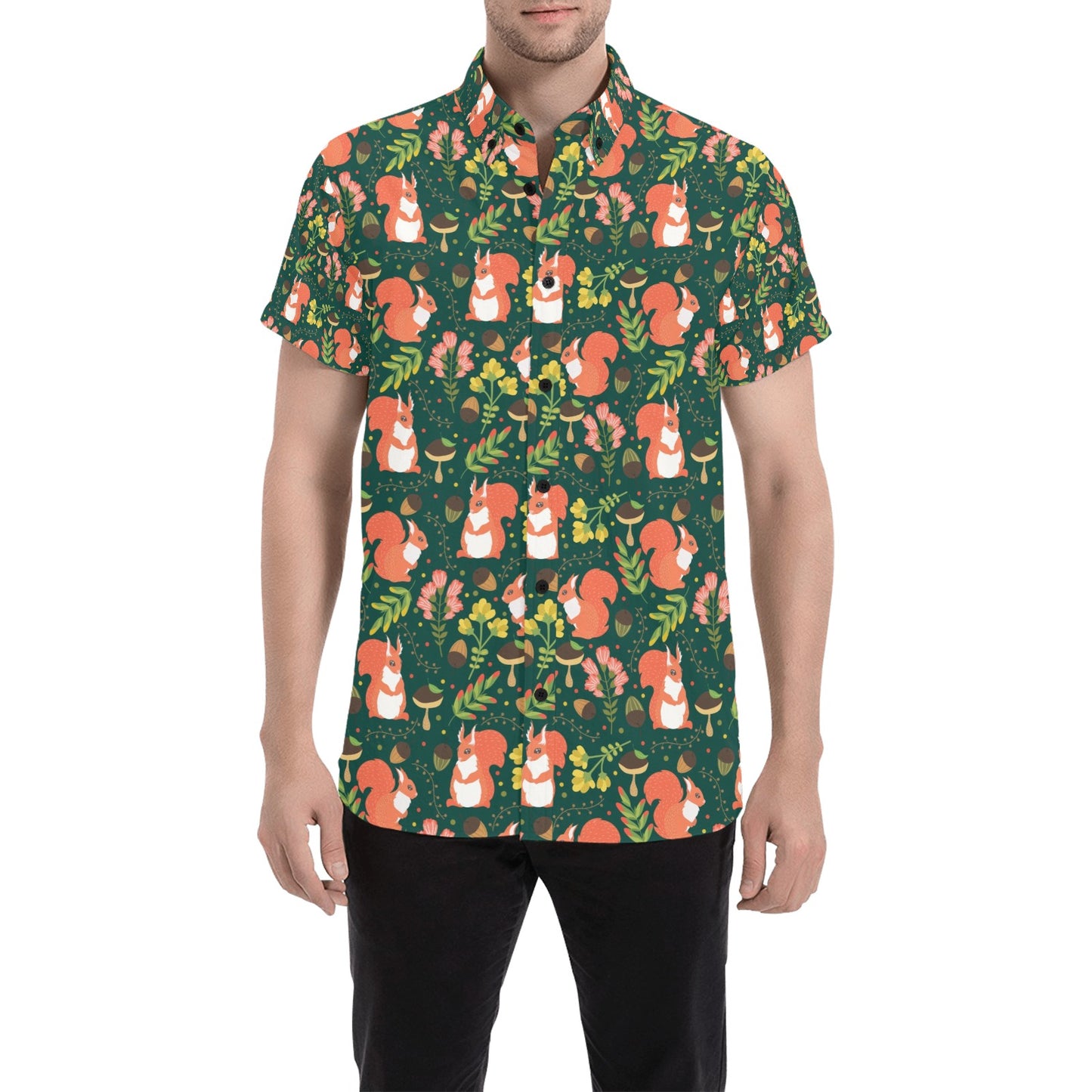 Squirrel Print Design LKS302 Men Short Sleeve Button Up Shirt