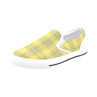 Tartan Yellow Print Design LKS301 White Slip Ons Canvas Women's Shoes