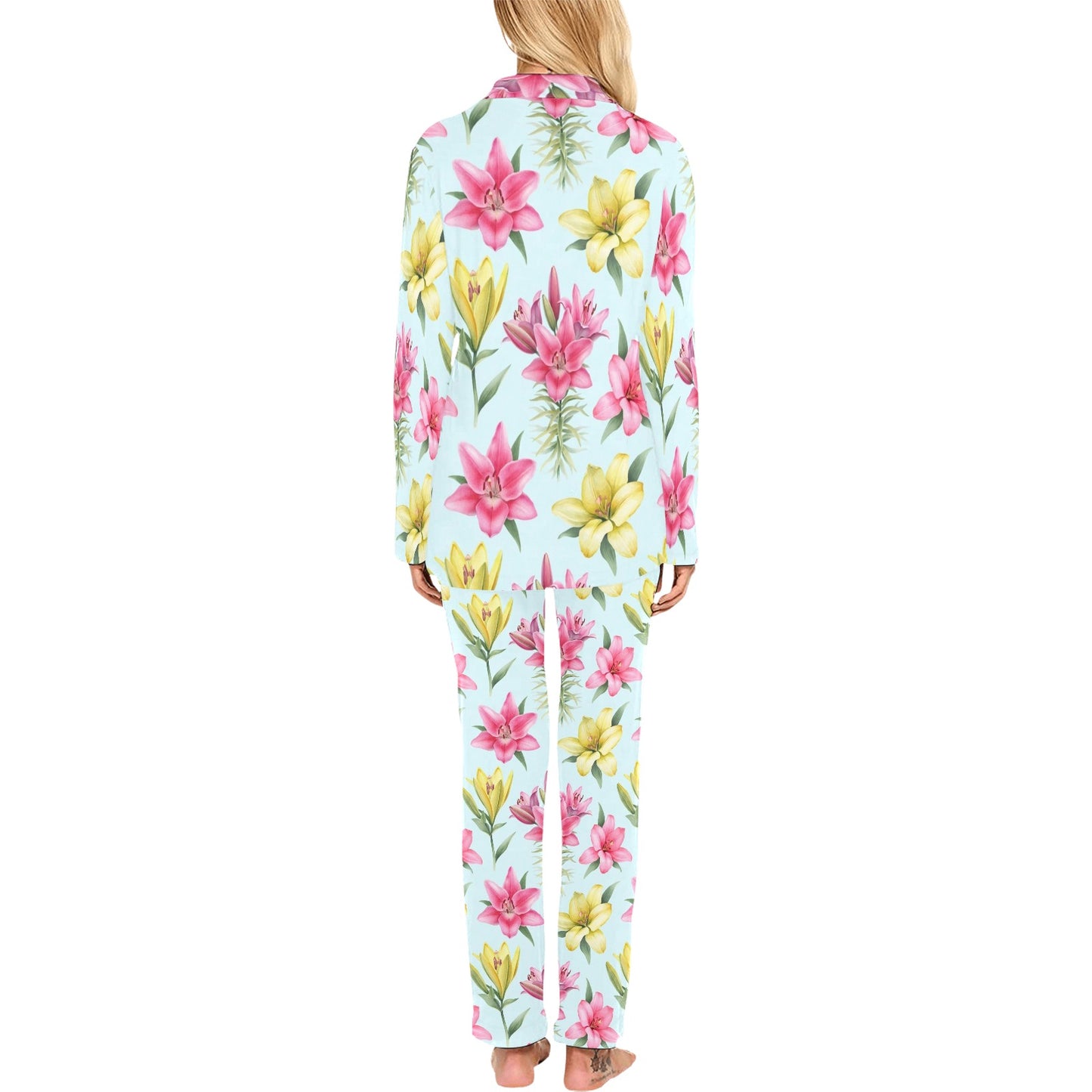 Lily Pattern Print Design LY010 Women's Long Pajama Set