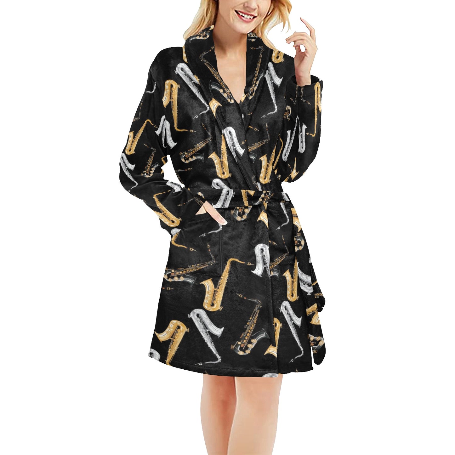 Saxophone Pattern Print Design 01 Women's Fleece Robe
