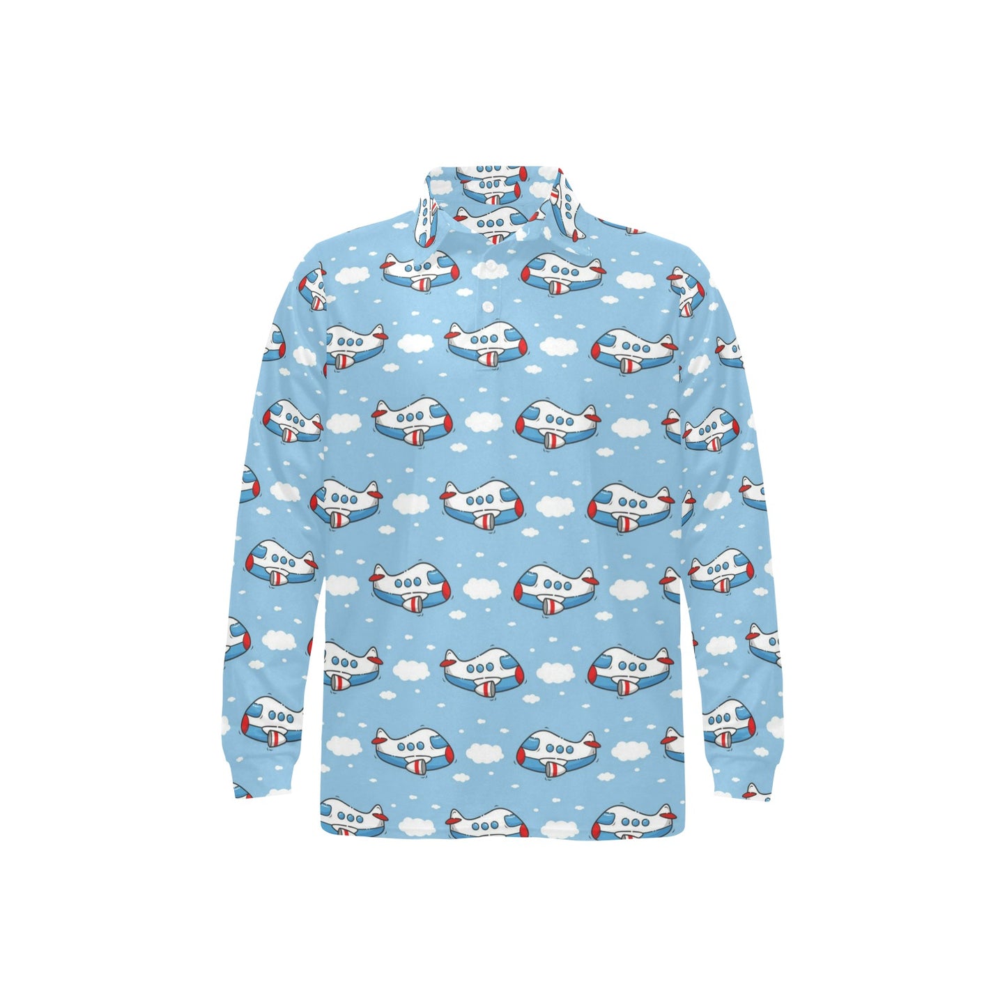 Airplane Cartoon Pattern Print Design 07 Long Sleeve Polo Shirt For Men's