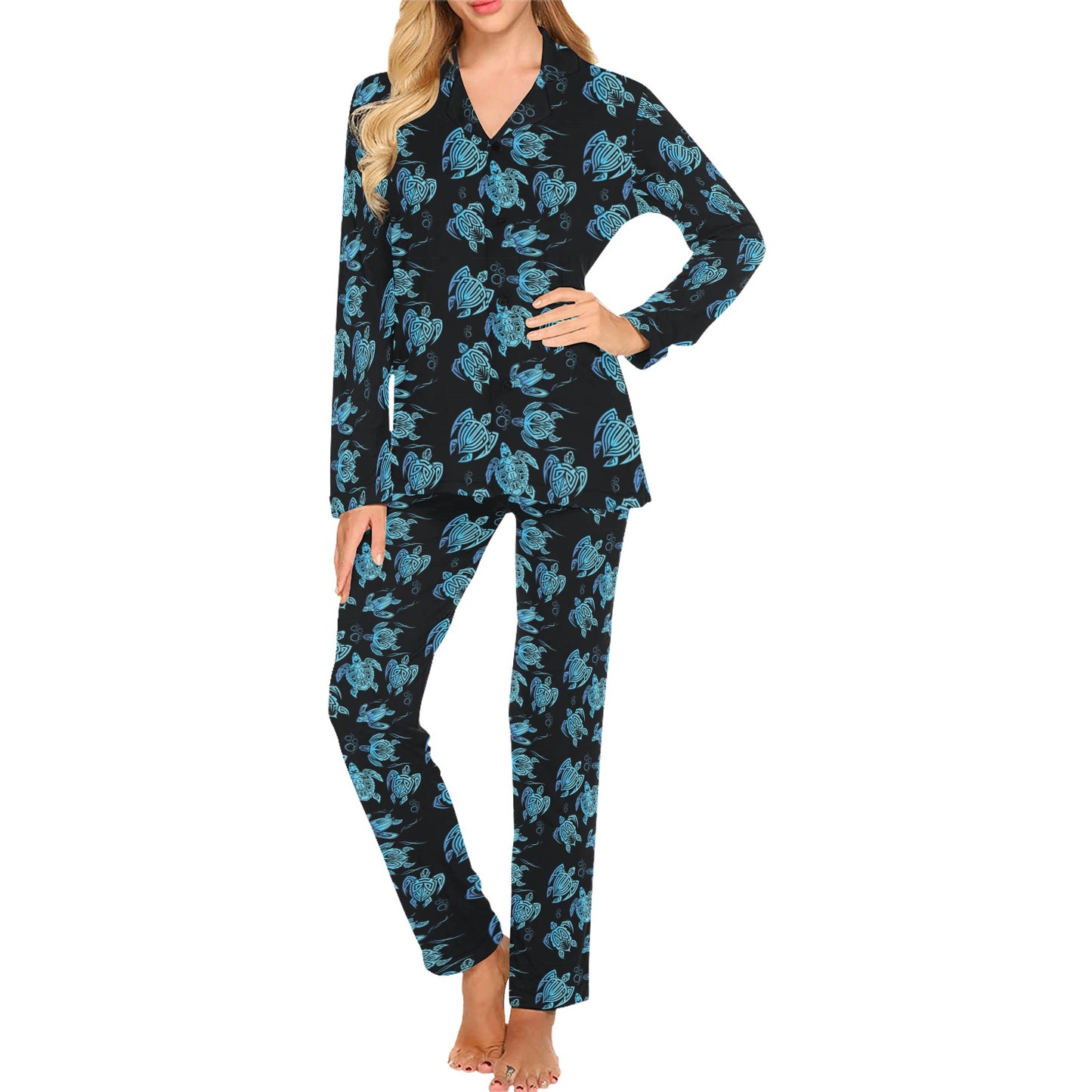 Tribal Turtle Polynesian Themed Design Women's Long Pajama Set