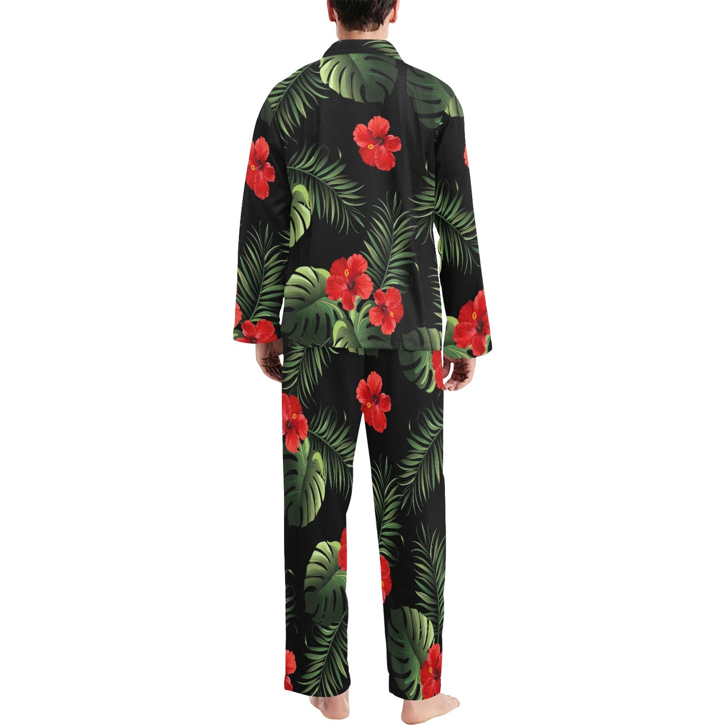 Red Hibiscus Tropical Men's Long Pajama Set