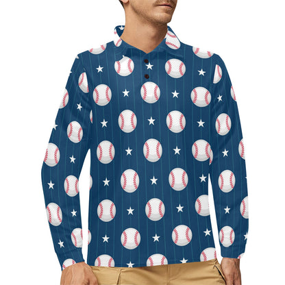 Baseball Star Print Pattern Long Sleeve Polo Shirt For Men's
