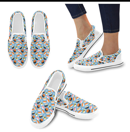 Sushi Print Design LKS304 White Slip Ons Canvas Women's Shoes