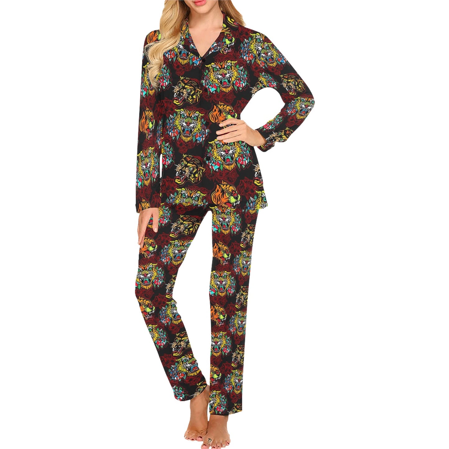Tattoo Tiger Colorful Design Women's Long Pajama Set