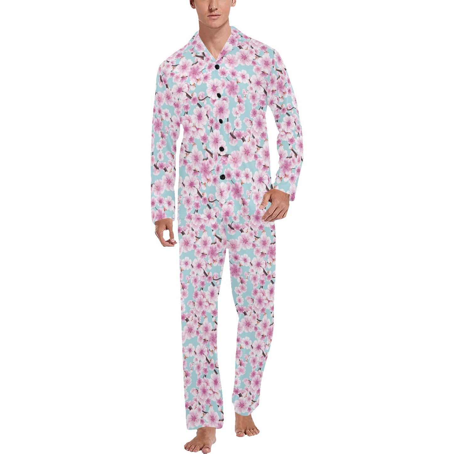 Cherry Blossom Pattern Print Design 01 Men's Long Pajama Set