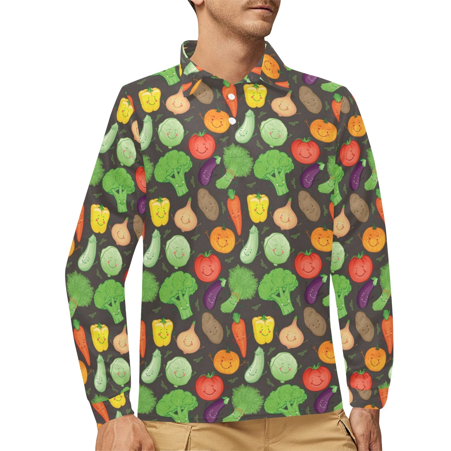 Vegan Funny Themed Design Print Long Sleeve Polo Shirt For Men's