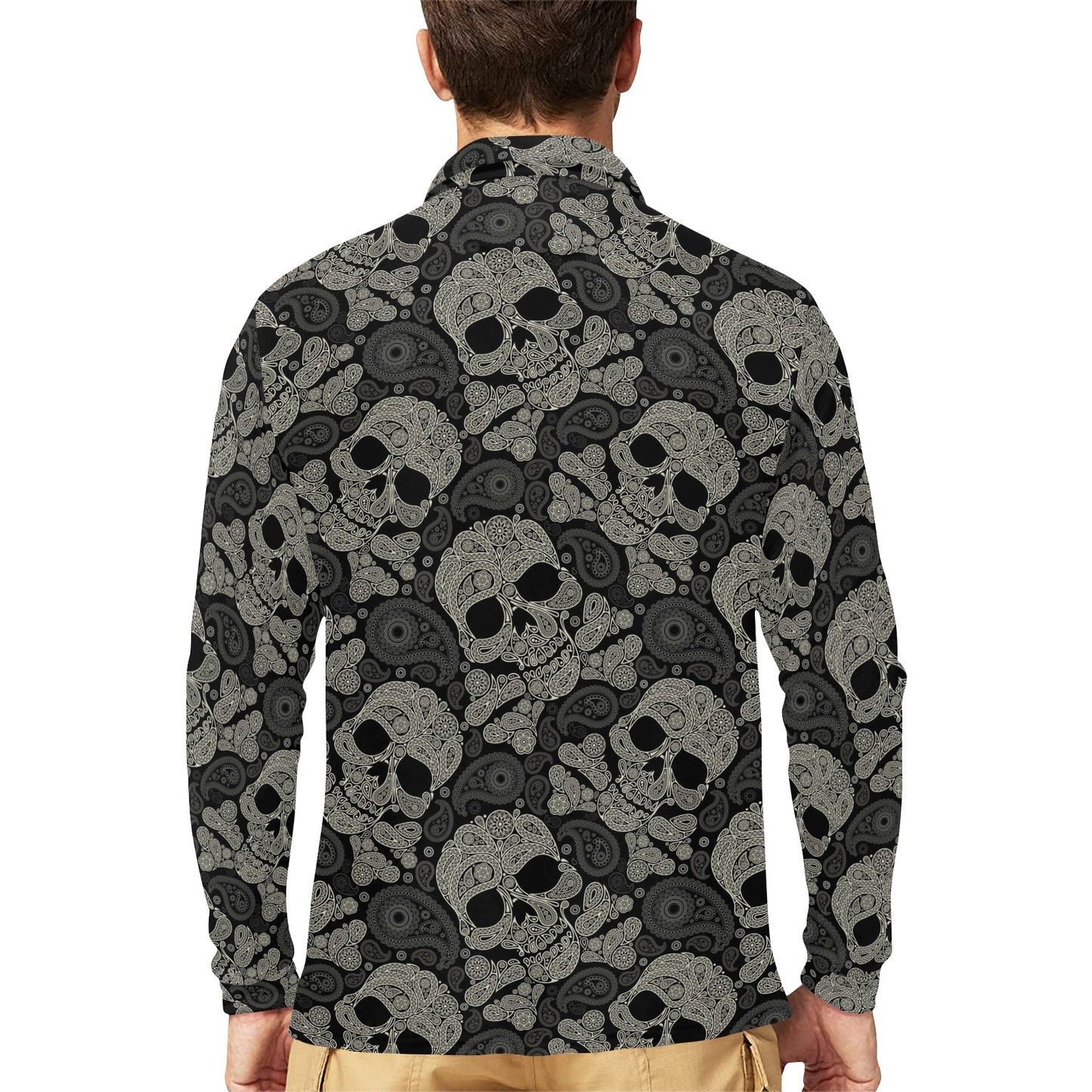 Paisley Skull Pattern Print Design A01 Long Sleeve Polo Shirt For Men's