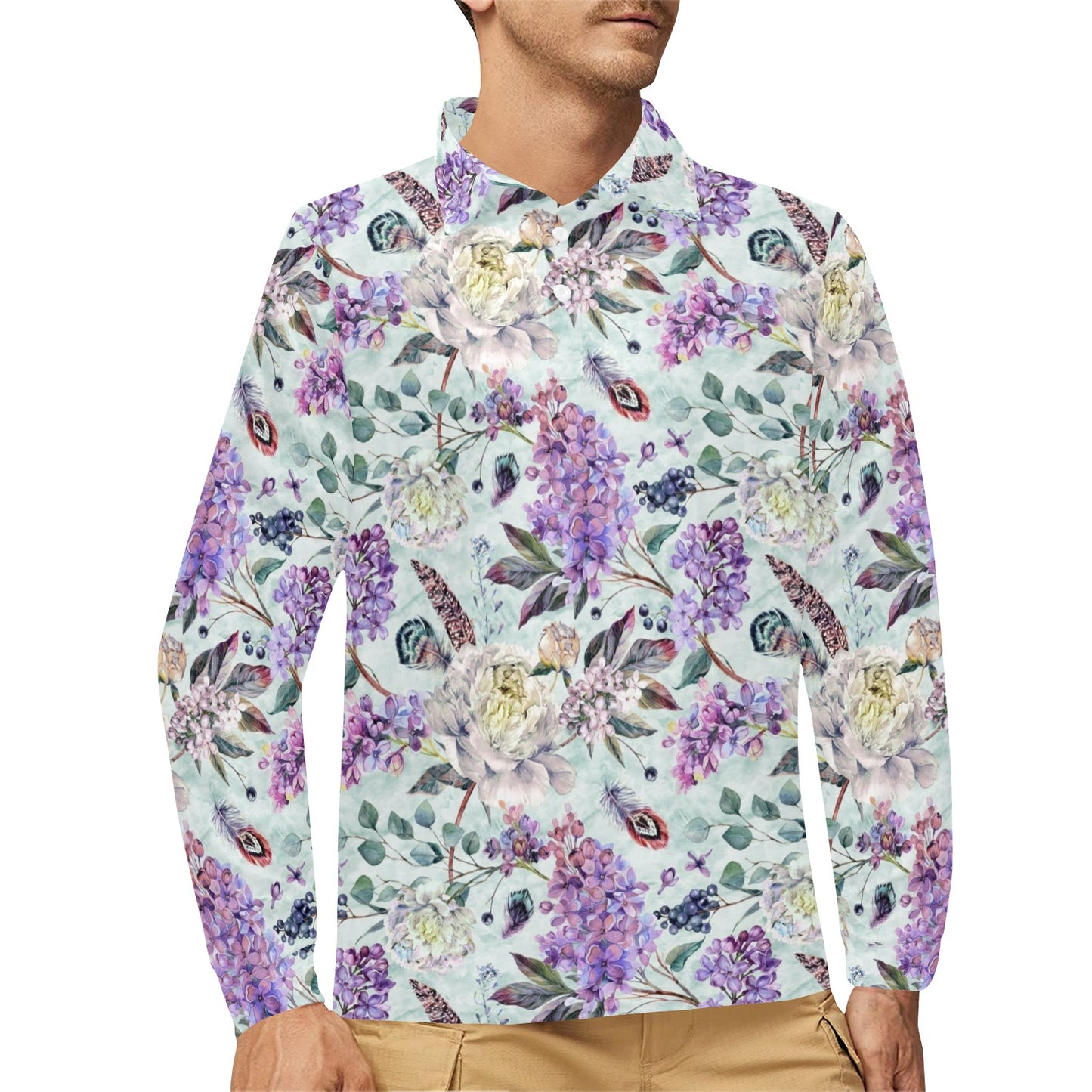 Lilac Pattern Print Design LI06 Long Sleeve Polo Shirt For Men's