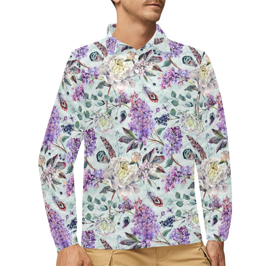 Lilac Pattern Print Design LI06 Long Sleeve Polo Shirt For Men's