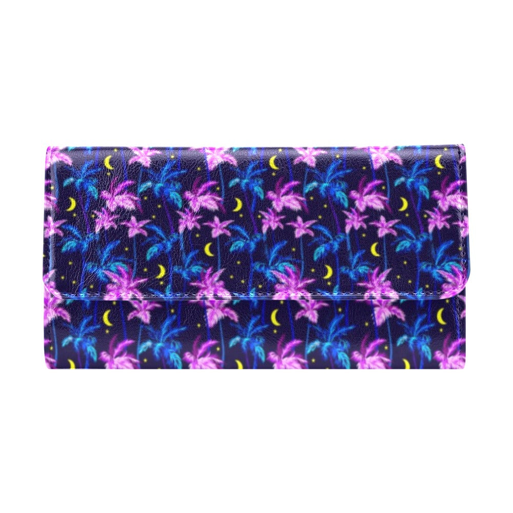 Palm Tree Night Scene Design Print Women's Trifold Wallet