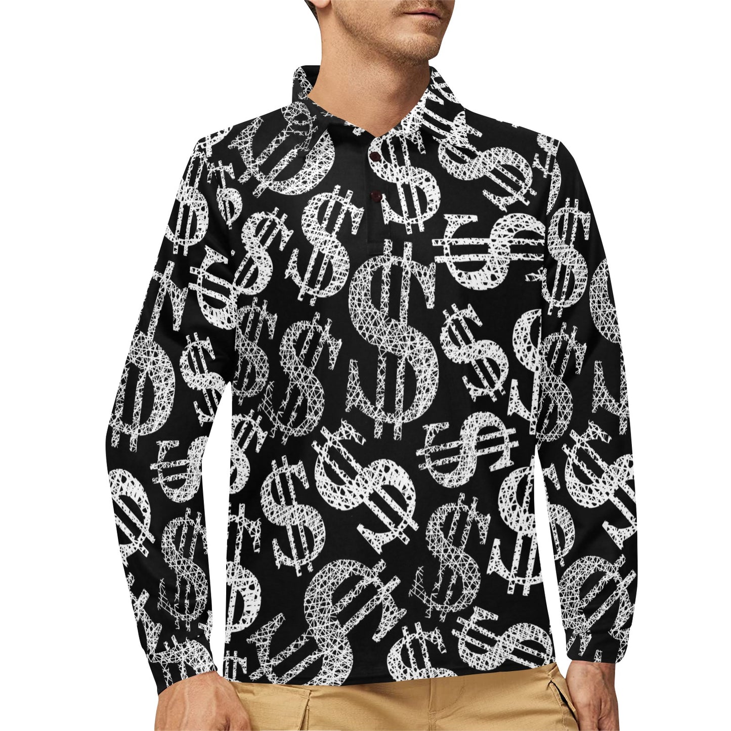 Money Pattern Print Design 02 Long Sleeve Polo Shirt For Men's