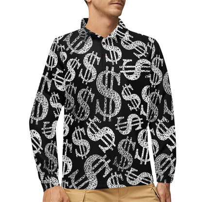 Money Pattern Print Design 02 Long Sleeve Polo Shirt For Men's