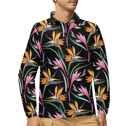 Tropical Flower Pattern Print Design TF017 Long Sleeve Polo Shirt For Men's