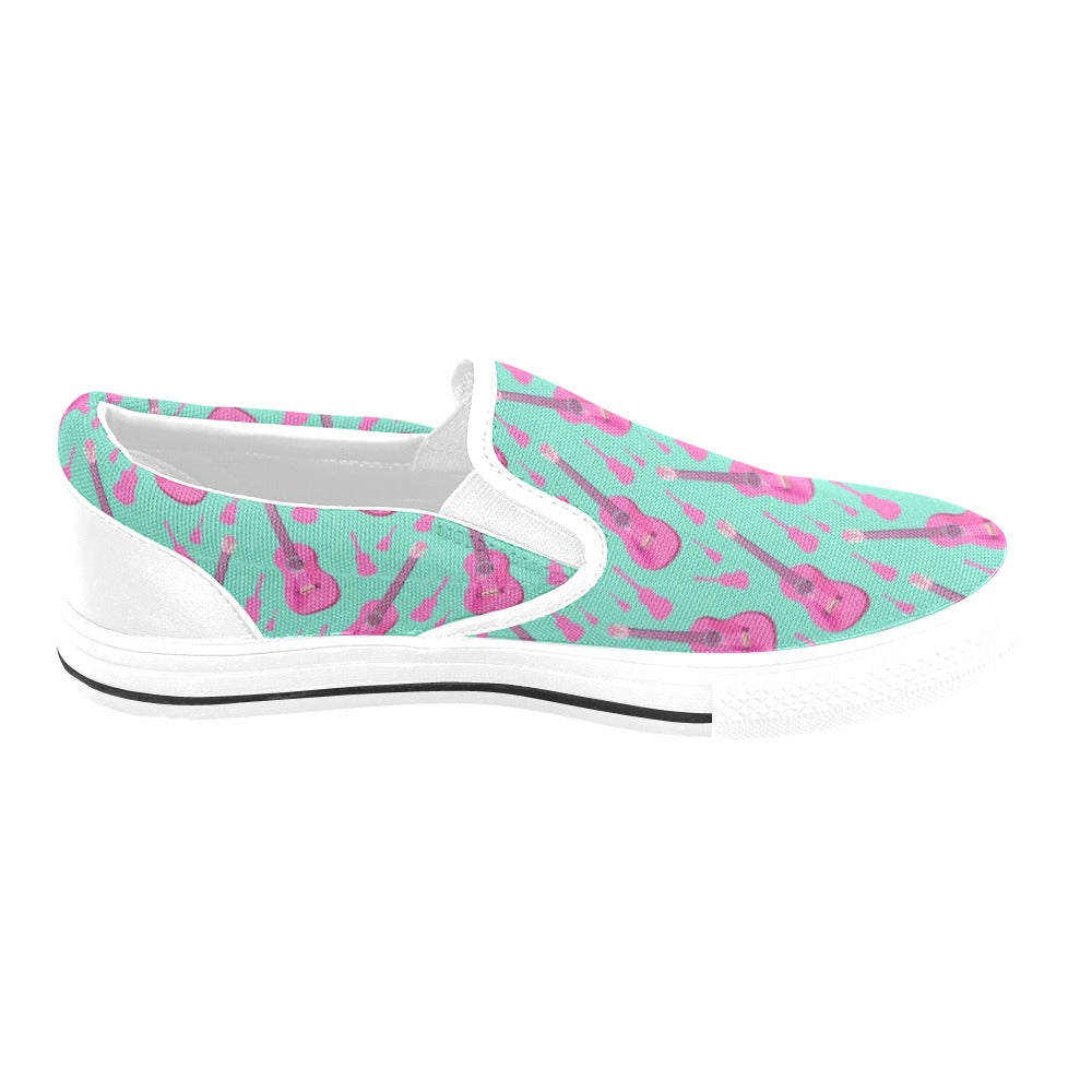 Acoustic Guitar Print Design LKS405 White Slip Ons Canvas Women's Shoes