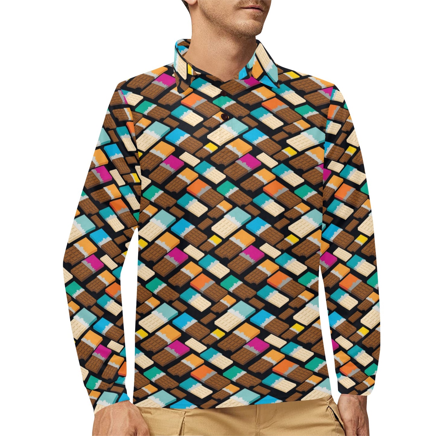 Chocolate Pattern Print Design 02 Long Sleeve Polo Shirt For Men's