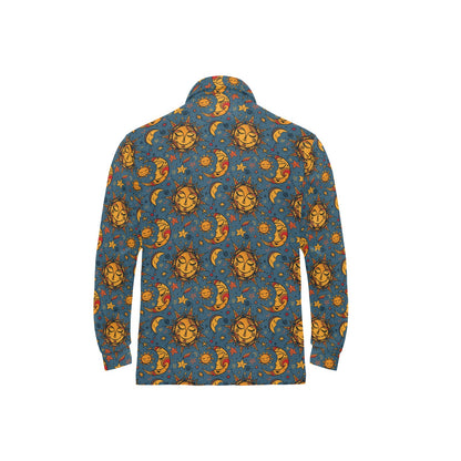 Celestial Moon Sun Pattern Print Design 02 Long Sleeve Polo Shirt For Men's