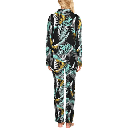 Gold Glitter Cyan Tropical Palm Leaves Women's Long Pajama Set