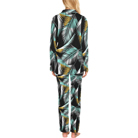 Gold Glitter Cyan Tropical Palm Leaves Women's Long Pajama Set