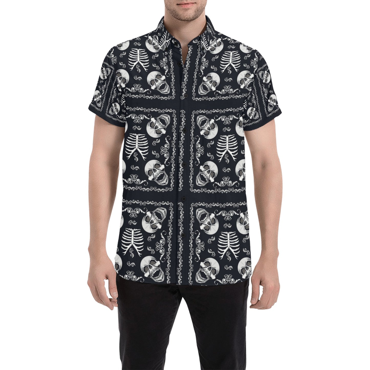 Bandana Skull Black White Print Design LKS306 Men Short Sleeve Button Up Shirt