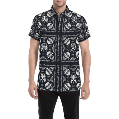 Bandana Skull Black White Print Design LKS306 Men Short Sleeve Button Up Shirt