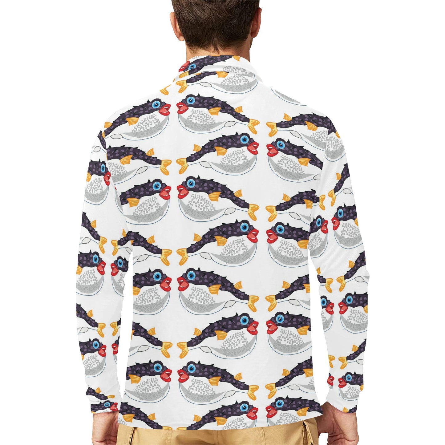 Fugu Pattern Print Design 03 Long Sleeve Polo Shirt For Men's
