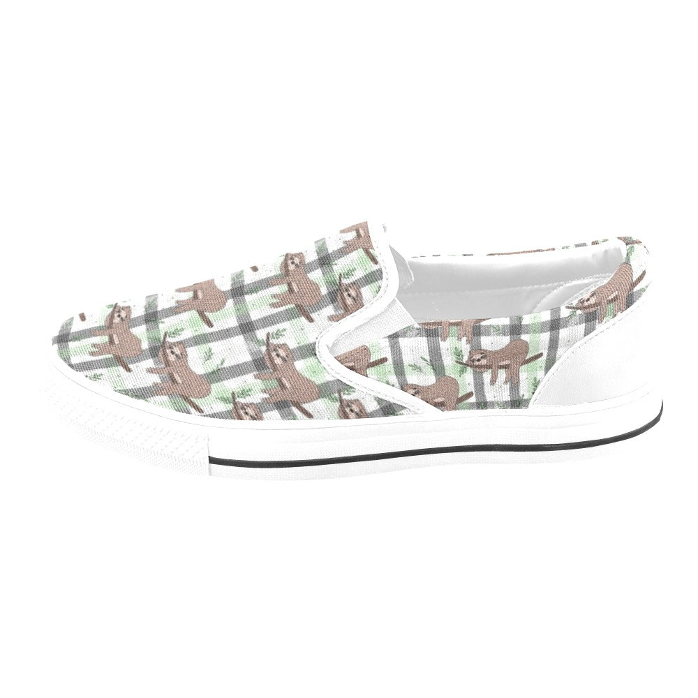 Sloth Print Design LKS301 White Slip Ons Canvas Women's Shoes