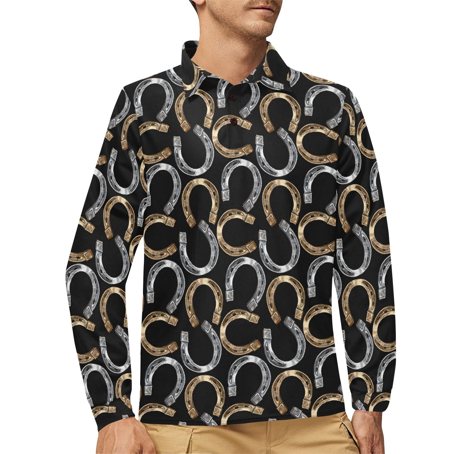 Horseshoe Print Design LKS305 Long Sleeve Polo Shirt For Men's