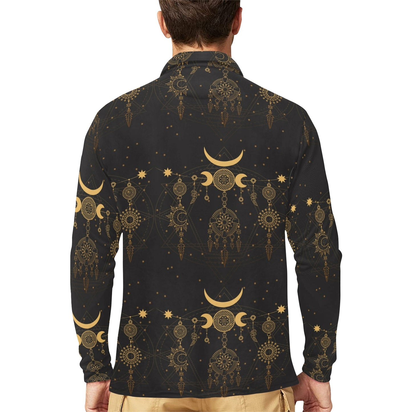 Sun Moon Boho Style Long Sleeve Polo Shirt For Men's