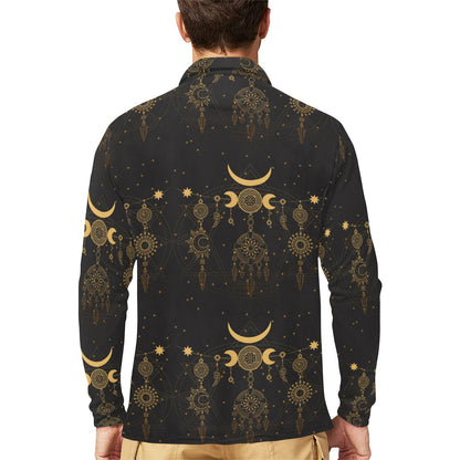 Sun Moon Boho Style Long Sleeve Polo Shirt For Men's