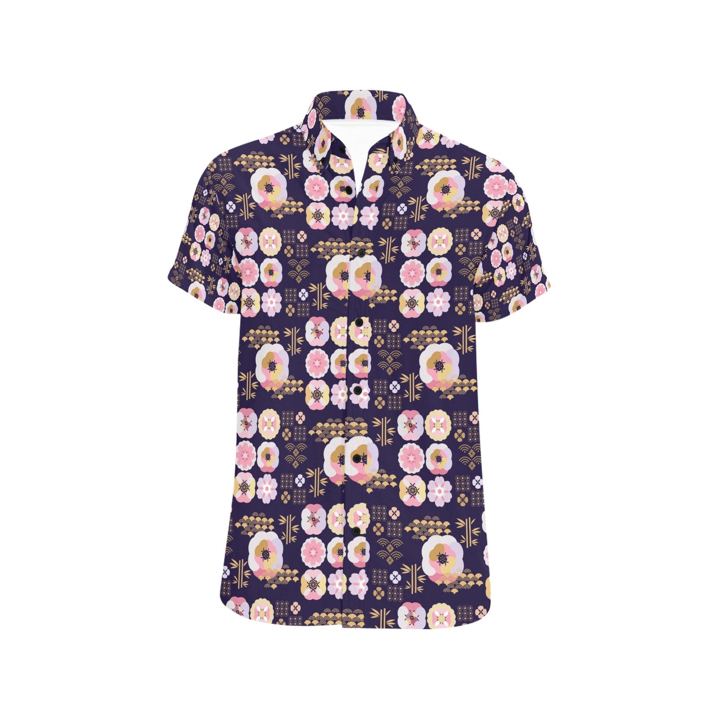 Sakura Japan Style Print Design LKS302 Men Short Sleeve Button Up Shirt