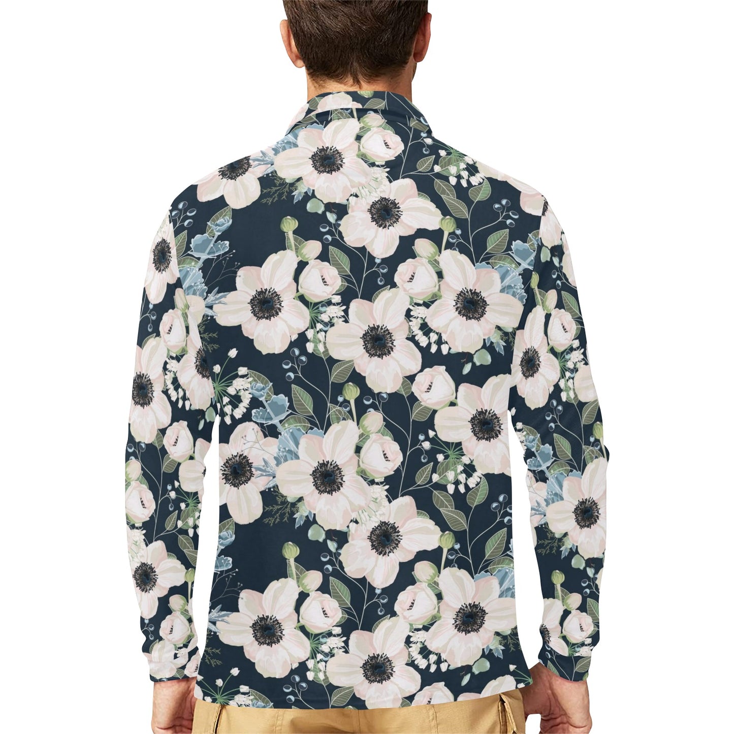 Anemone Pattern Print Design AM02 Long Sleeve Polo Shirt For Men's