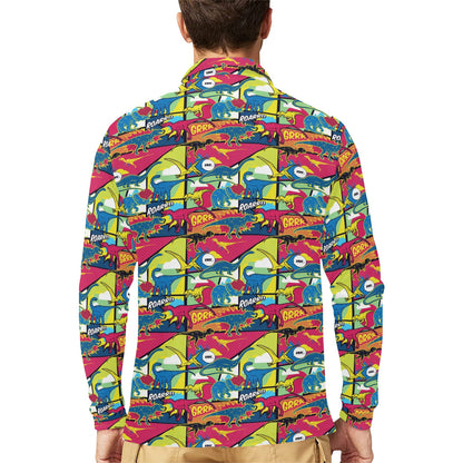 Dinosaur Comic Pop Art Style Long Sleeve Polo Shirt For Men's