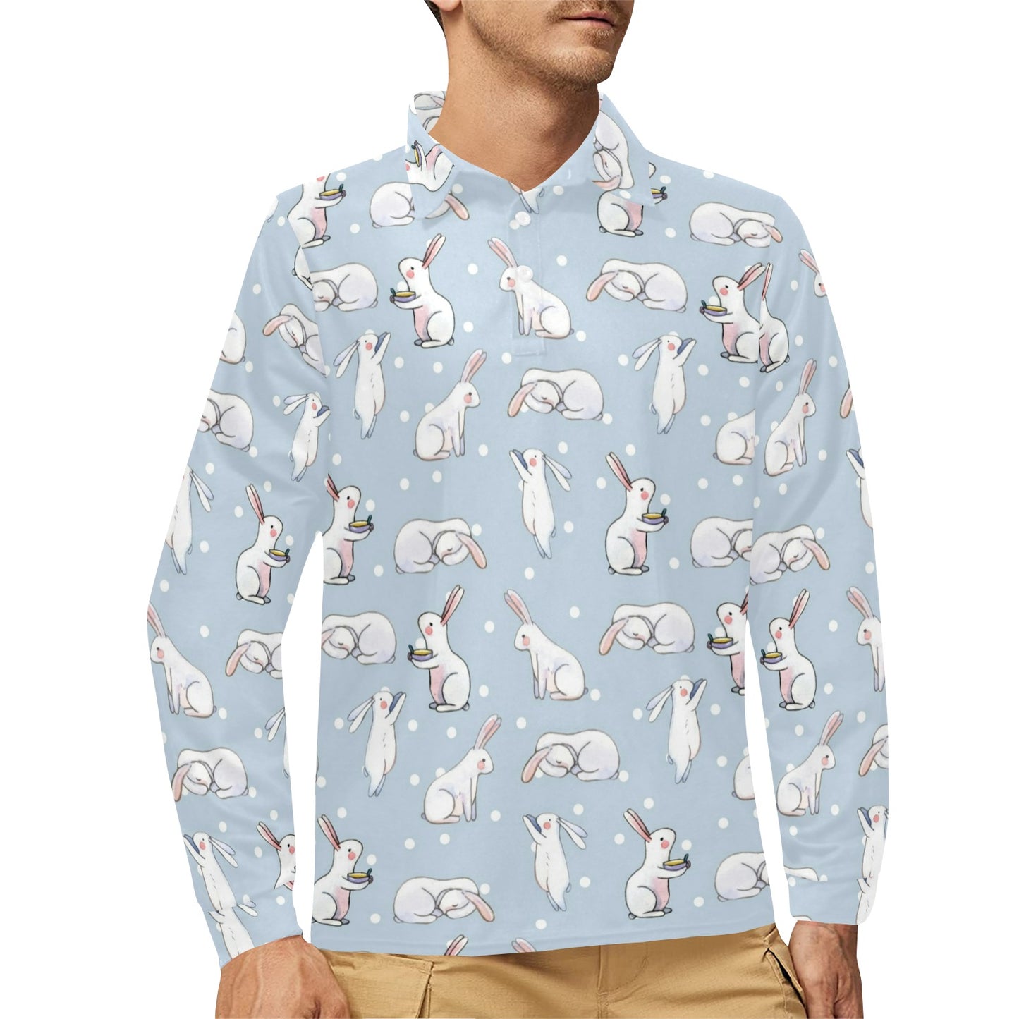 Rabbit Pattern Print Design RB06 Long Sleeve Polo Shirt For Men's